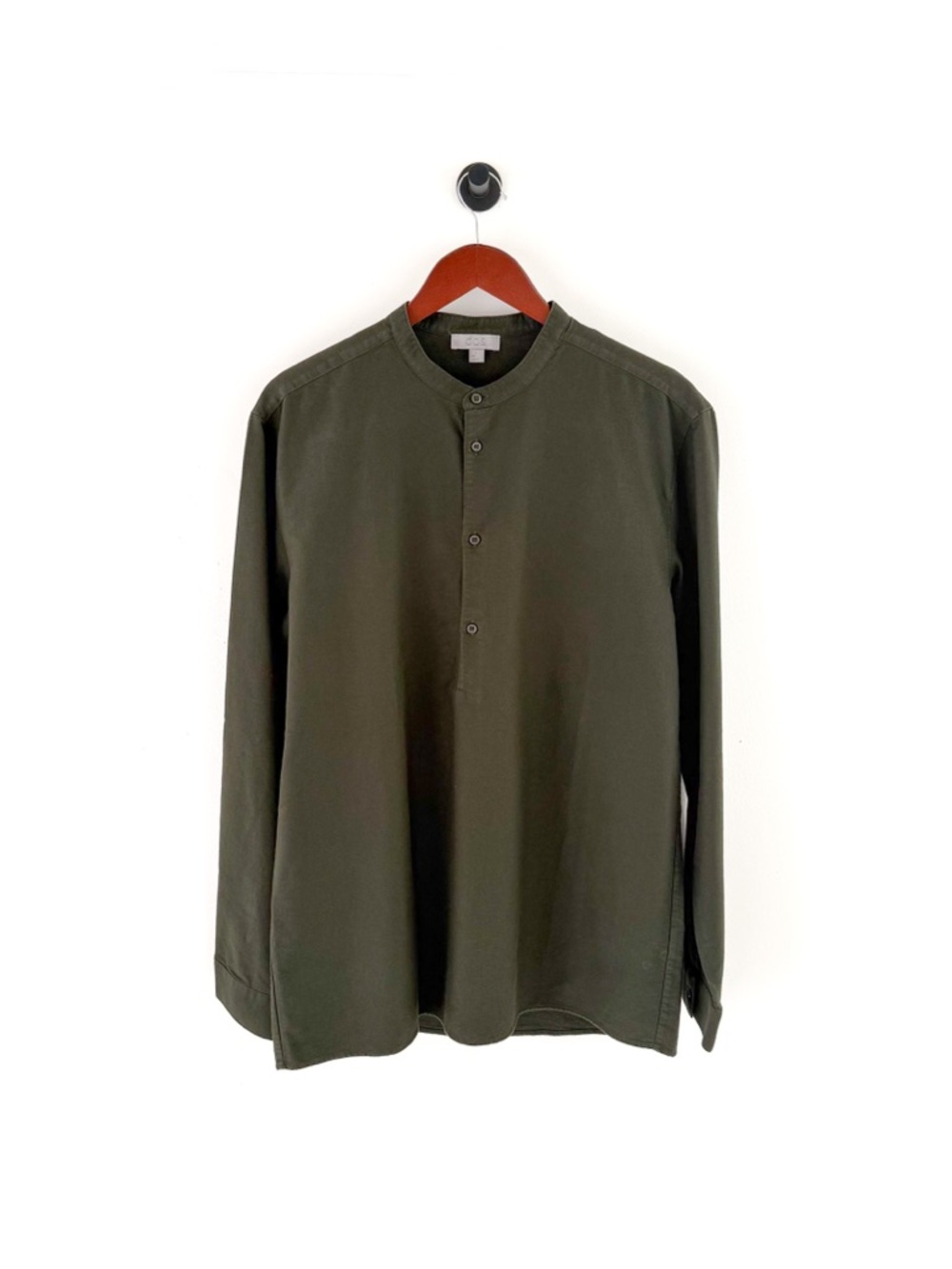 New COS Men's Olive Green Band Collar Shirt Quarter Button Twill Size L Men's - Picture 3 of 13